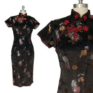 Vintage 50s Peony Black Cheongsam Dress Size S Floral Jacquard Brocade Wiggle
